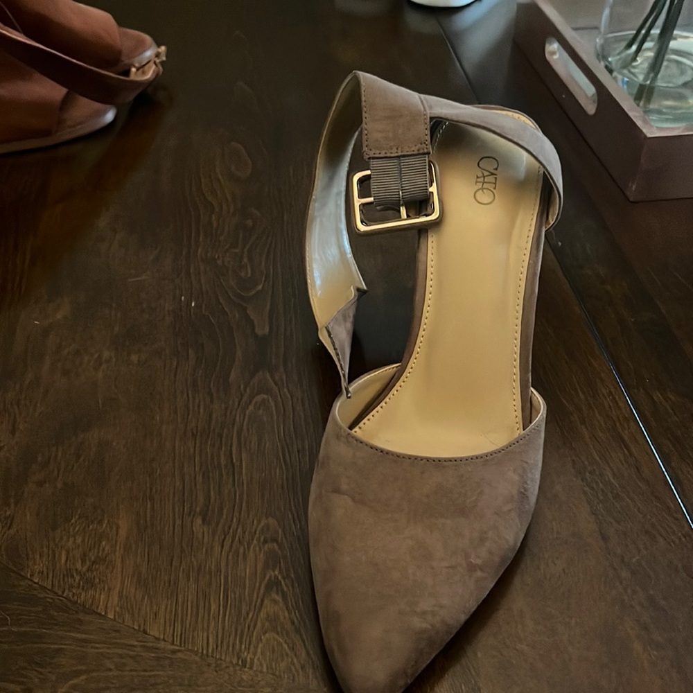 Light brown suede ankle strap heels